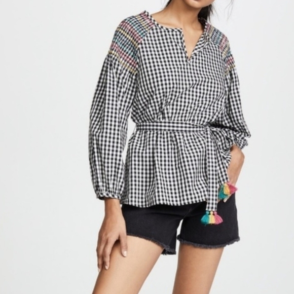 Madewell Tops - MADEWELL black and white gingham embroidered detail top with waist tie